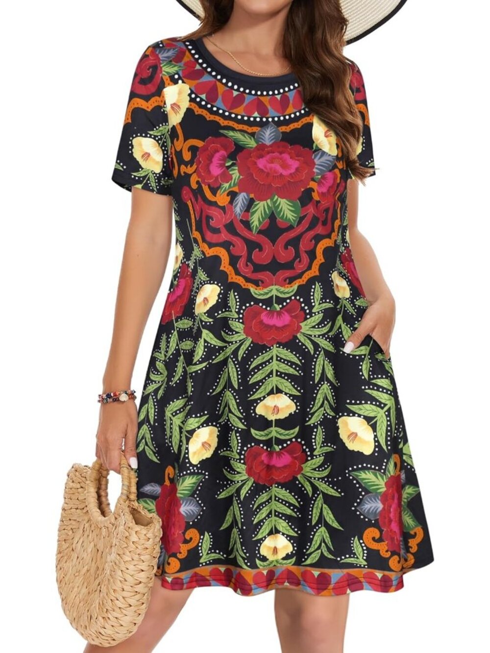 Women's Baho Coconut Tree Short Sleeve Floral Sundress Beach Cover Mini Dress